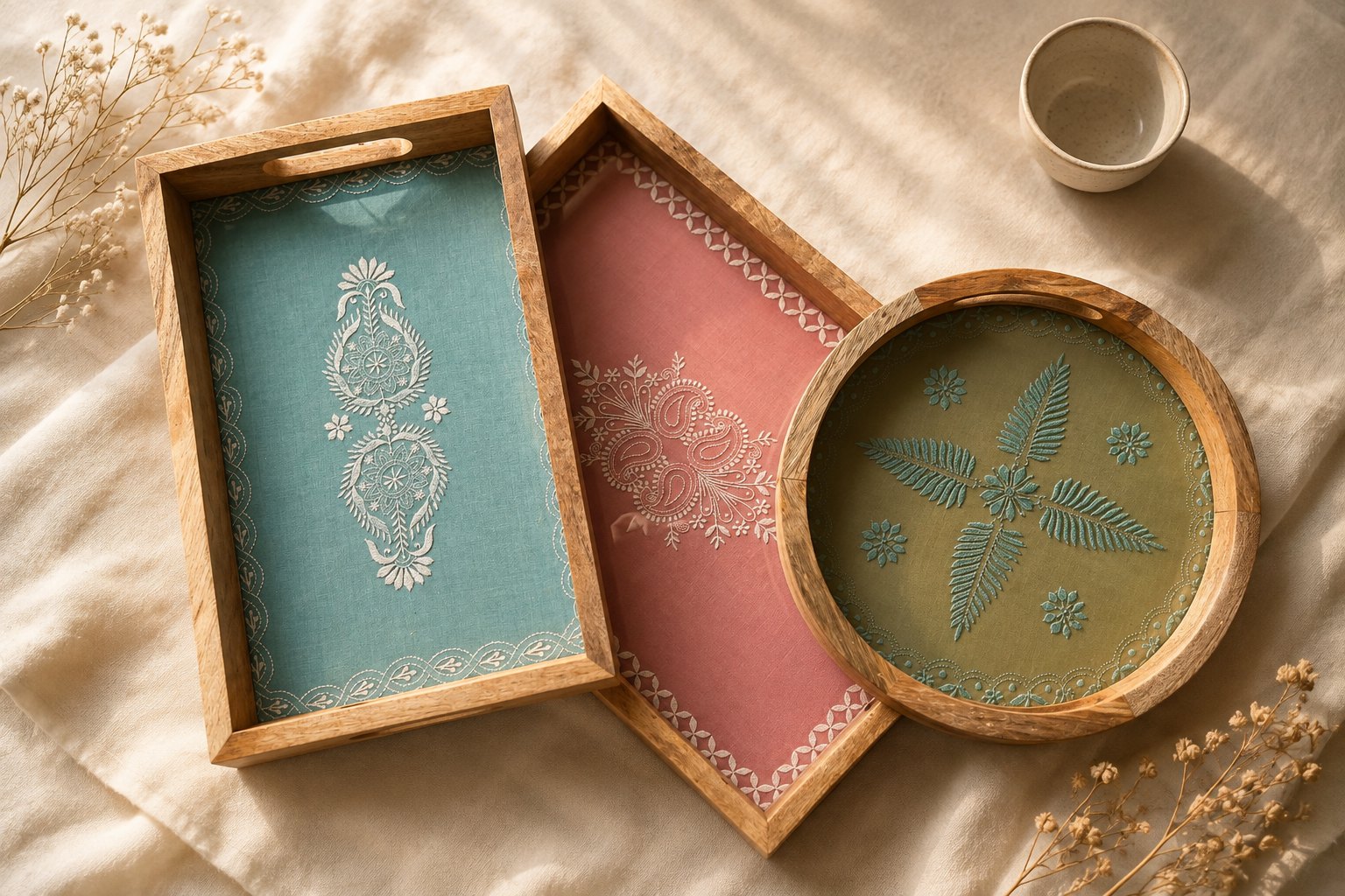 Three handcrafted chikankari trays in sage green, rose pink and olive, in mango wood frames